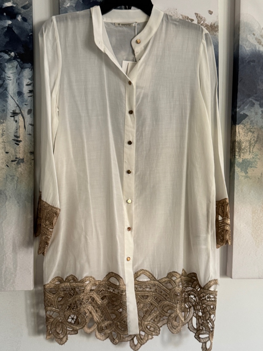 New Elegant White Tunic Blouse with Gold Lace Trim